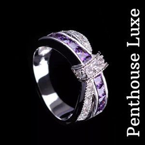 Amethyst Criss-Cross 10K White Gold Plated Bow Ring